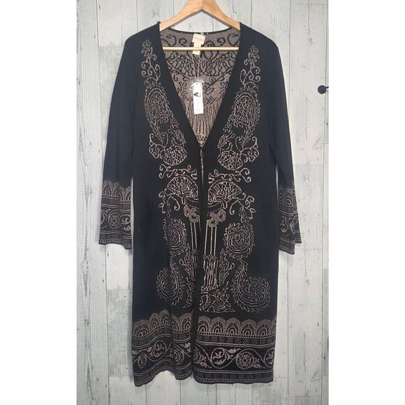 Chico's Black Gold Lurex Detail Longline Cardigan MISSING COLLAR Sz. L NWT - Picture 2 of 7